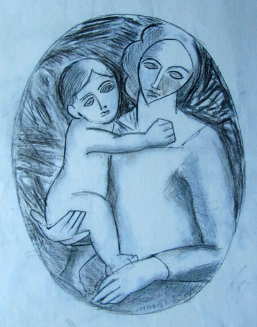 Disegno intitolato "Maternité Raphaël é…" da Alain Lamy, Opera d'arte originale, Matita