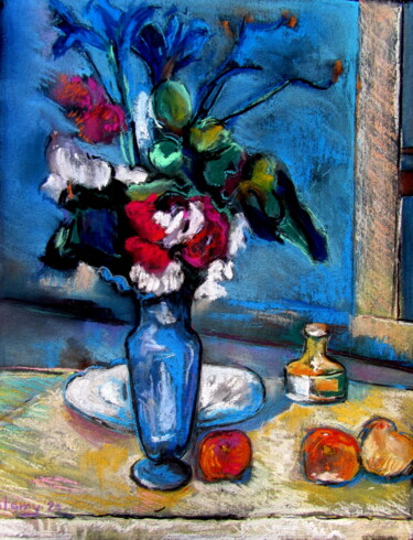 LE VASE BLEU (D'après le vase bleu de Cézanne) Peinture intitulée "LE VASE BLEU (D'apr…" par Alain Lamy, Œuvre d'art originale, Pastel