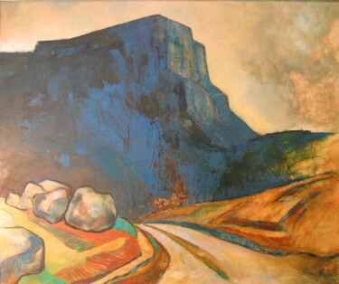 Painting titled "Chemin sous le mont…" by Alain Lamy, Original Artwork, Oil Mounted on Wood Stretcher frame