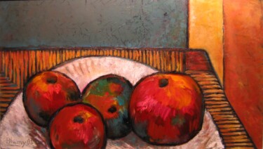 Pintura titulada "Pommes sur un tabou…" por Alain Lamy, Obra de arte original, Oleo