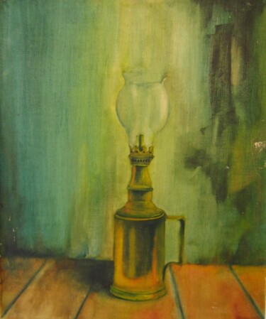 Schilderij getiteld "La lampe à pétrole" door Alain Lamy, Origineel Kunstwerk, Olie Gemonteerd op Houten paneel