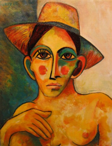 Painting titled "Femme au chapeau de…" by Alain Lamy, Original Artwork, Oil