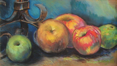 Pintura titulada "Pommes et chandelier" por Alain Lamy, Obra de arte original, Pastel