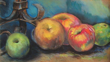 Painting titled "Pommes et chandelier" by Alain Lamy, Original Artwork, Pastel