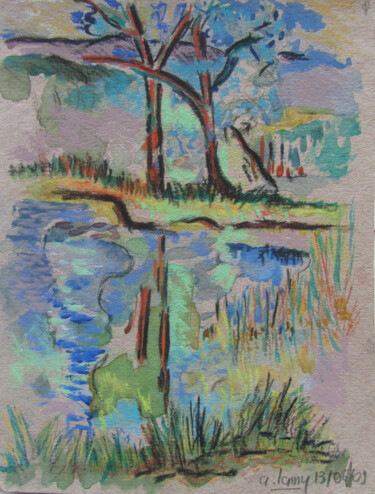 Dessin intitulée "L'étang bleu.jpg" par Alain Lamy, Œuvre d'art originale, Pastel
