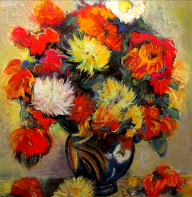 Рисунок под названием "“Vase de fleurs d’a…" - Alain Lamy, Подлинное произведение искусства, Пастель
