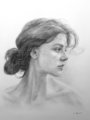 Pittura intitolato "jeune fille,profil" da Alain Masset, Opera d'arte originale, Carbone