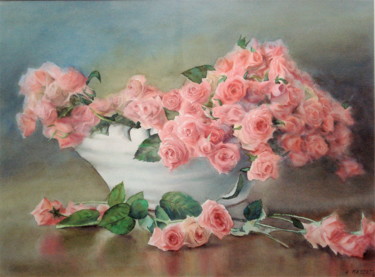 Painting titled "Coupe de roses" by Alain Masset, Original Artwork, Watercolor