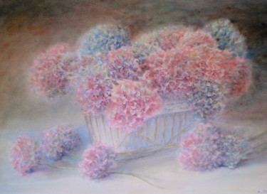 Peinture intitulée "Panier d' hortensias" par Alain Masset, Œuvre d'art originale, Aquarelle