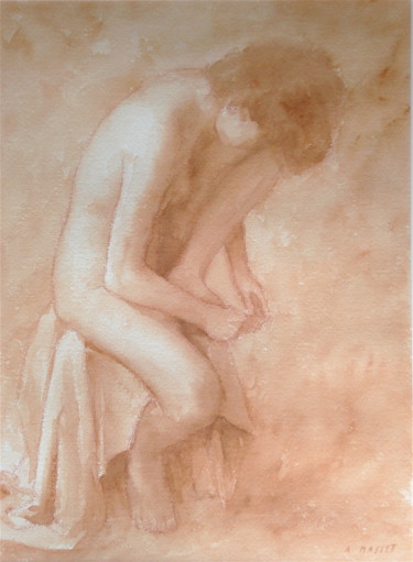 Painting titled "nu assis" by Alain Masset, Original Artwork, Watercolor