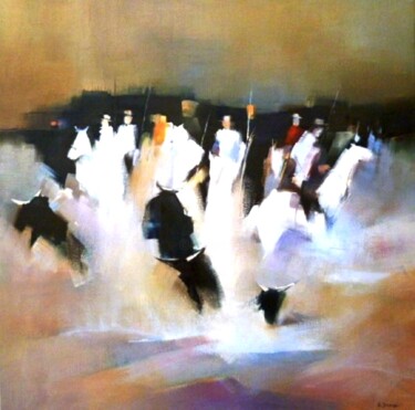 Painting titled "En traversant le gué" by Alain Maupuy, Original Artwork, Oil Mounted on Wood Stretcher frame