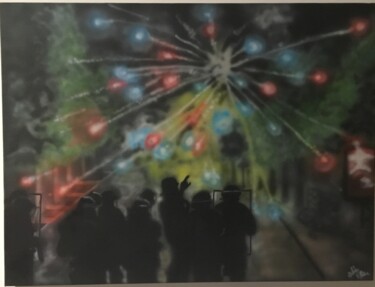 Schilderij getiteld "Sous le feu" door Alain Oddo, Origineel Kunstwerk, Airbrush Gemonteerd op Frame voor houten brancard