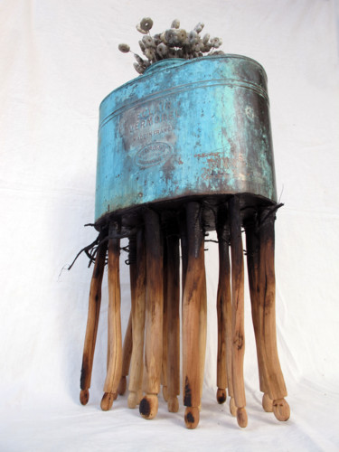 Sculpture titled "La jardinière bleue" by Alain Platet, Original Artwork, Metals