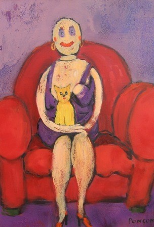 Peinture intitulée "Dame au yorkshire" par Alain Poncon, Œuvre d'art originale