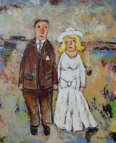 Schilderij getiteld "Les mariés dans le…" door Alain Ponçon, Origineel Kunstwerk, Olie Gemonteerd op Frame voor houten branc…