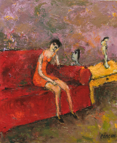 Картина под названием "Dame sur canapé" - Alain Ponçon, Подлинное произведение искусства, Масло Установлен на Деревянная рам…