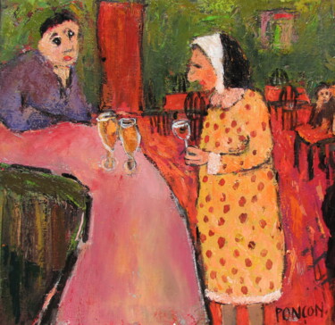 Painting titled "Dame au bar" by Alain Ponçon, Original Artwork, Oil Mounted on Wood Stretcher frame