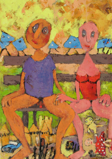 Peinture intitulée "Culs nus sur un banc" par Alain Ponçon, Œuvre d'art originale, Huile Monté sur Châssis en bois