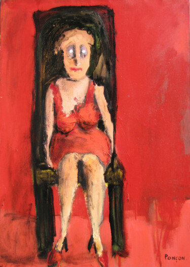 Ζωγραφική με τίτλο "La chaise jaune" από Alain Ponçon, Αυθεντικά έργα τέχνης, Λάδι Τοποθετήθηκε στο Ξύλινο φορείο σκελετό