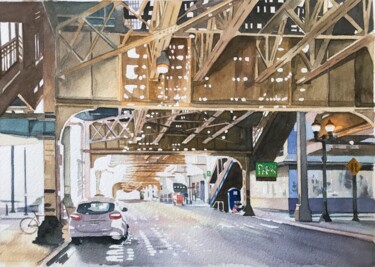 Painting titled "Les rues de Chicago" by Alain Retiere, Original Artwork, Watercolor