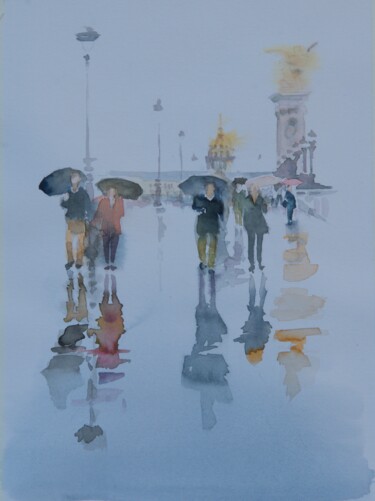 Malerei mit dem Titel "Paris sous la pluie" von Alain Retiere, Original-Kunstwerk, Aquarell