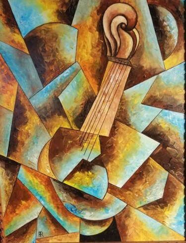 Painting titled "Le musicien harpiste" by Alain Rigollier, Original Artwork, Oil Mounted on Other rigid panel