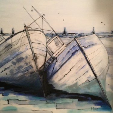 Painting titled "Epaves bateaux bleus" by Alain Riguet, Original Artwork, Acrylic
