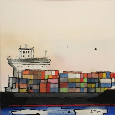 Painting titled "Porte conteneurs" by Alain Riguet, Original Artwork, Acrylic