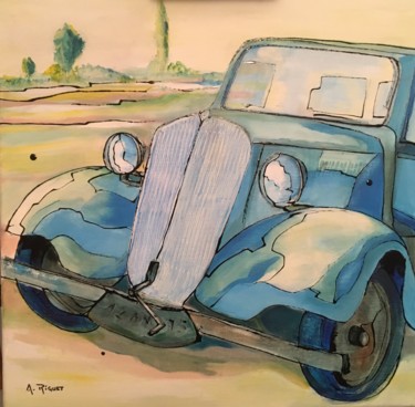 Painting titled "Epave voiture bleue" by Alain Riguet, Original Artwork, Acrylic