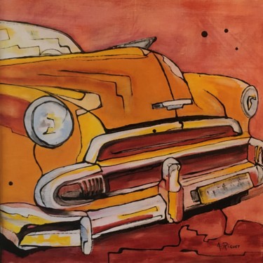 Painting titled "Epave voiture jaune" by Alain Riguet, Original Artwork, Acrylic