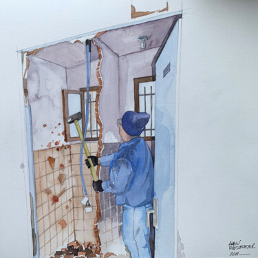 Painting titled "CHANTIER 03" by Alain Rouschmeyer, Original Artwork, Watercolor