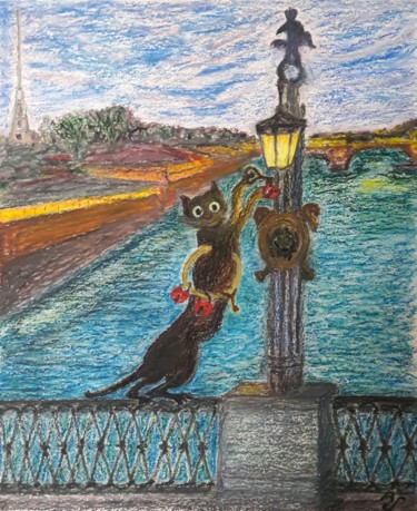 Dessin intitulée "The padlocking cat" par Alain S, Œuvre d'art originale, Pastel