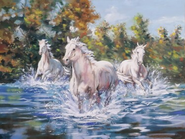Painting titled "Galop" by Alain Sarazin, Original Artwork, Oil Mounted on Wood Stretcher frame