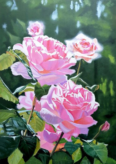 Painting titled "Roses" by Alain Sarazin, Original Artwork, Oil Mounted on Wood Panel