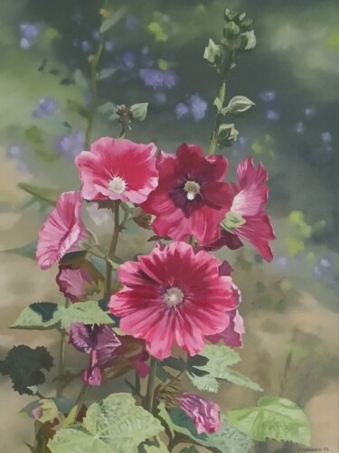 Картина под названием "Roses trémières" - Alain Sarazin, Подлинное произведение искусства, Масло