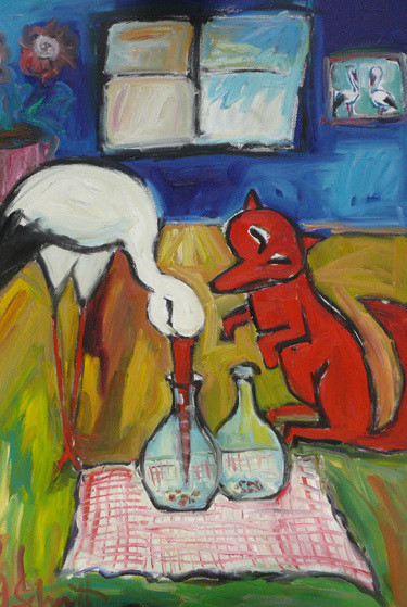 Peinture intitulée "le renard et la cig…" par Alain Schmitt, Œuvre d'art originale, Huile