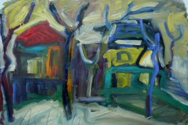 Painting titled "place de village" by Alain Schmitt, Original Artwork, Oil