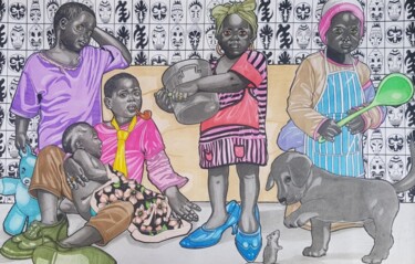 Desenho intitulada "Young parents" por Alain Wankwini, Obras de arte originais, Aquarela