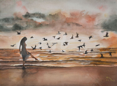 Pintura intitulada "L'envol" por Alain Bacon, Obras de arte originais, Aquarela