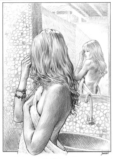 Dessin intitulée "Femme au miroir" par Alain Barat, Œuvre d'art originale, Crayon