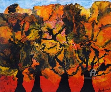 Malerei mit dem Titel "Arbres et coucher d…" von Alain Boissel, Original-Kunstwerk, Acryl