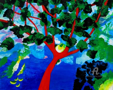 Painting titled "L'arbre rouge" by Alain Boissel, Original Artwork, Acrylic Mounted on Wood Stretcher frame