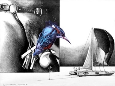 Dessin intitulée "le martin-pêcheur" par Alain Bonnand, Œuvre d'art originale
