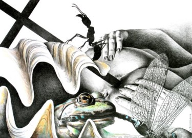 Dessin intitulée "Ah ! les grenouilles" par Alain Bonnand, Œuvre d'art originale