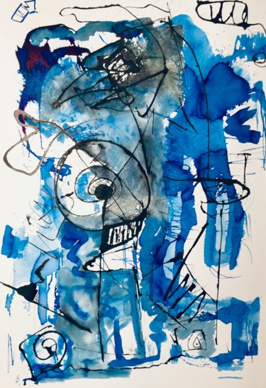 Painting titled "ligne Bleue 2" by Alain Bouillot, Original Artwork, Ink