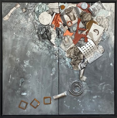 Collages titled ""Déchetterie"" by Alain Bouillot, Original Artwork, Collages Mounted on Wood Stretcher frame