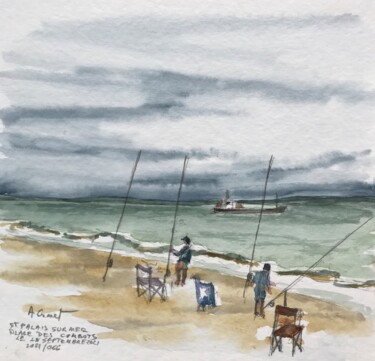 Painting titled "pêcheurs de Combats" by Le Trembladais, Original Artwork, Watercolor