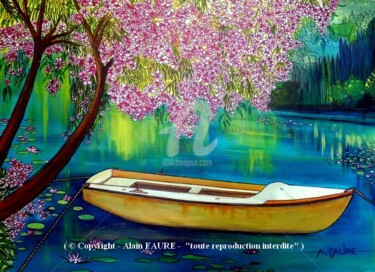 Painting titled "LES LAURIERS DU LAC" by Alain Faure, Original Artwork, Acrylic Mounted on Wood Stretcher frame
