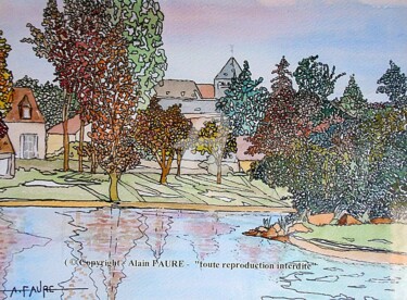 Painting titled "JARDINS D'EAU" by Alain Faure, Original Artwork, Watercolor Mounted on Cardboard