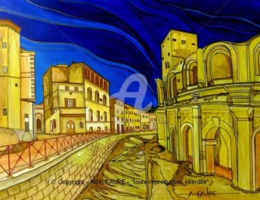 Painting titled "ARLES EN SOMMEIL" by Alain Faure, Original Artwork, Acrylic Mounted on Wood Stretcher frame
